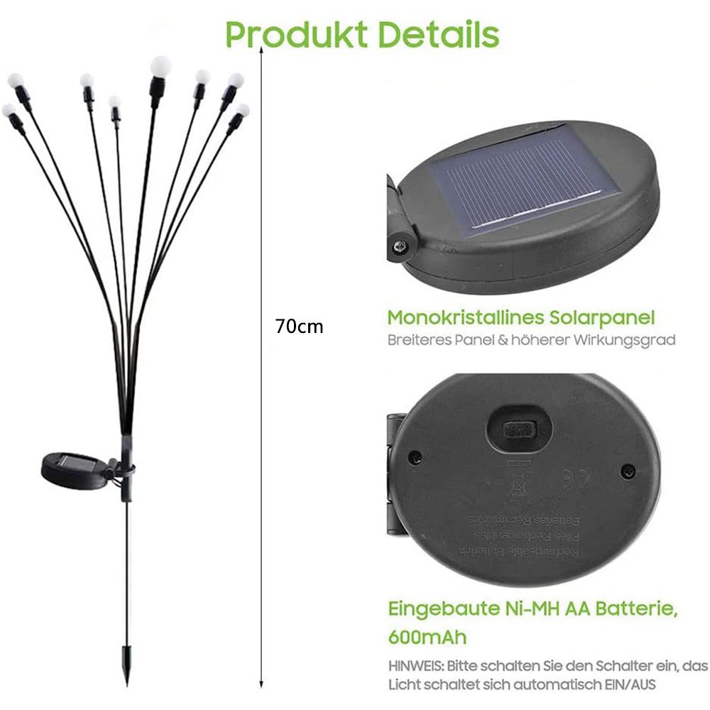 Solar-Gartenleuchte mit 70 cm Höhe, mit Solarpanel und wiederaufladbarer Batterie.