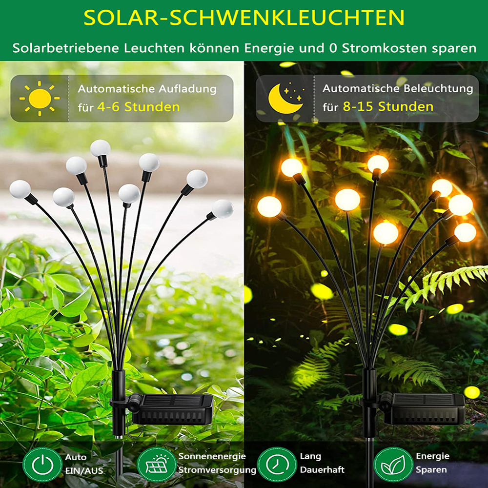 Solar-Gartenleuchten mit weißen Birnen an schwarzen Stielen, dargestellt in Tag- und Nachteinstellungen.
