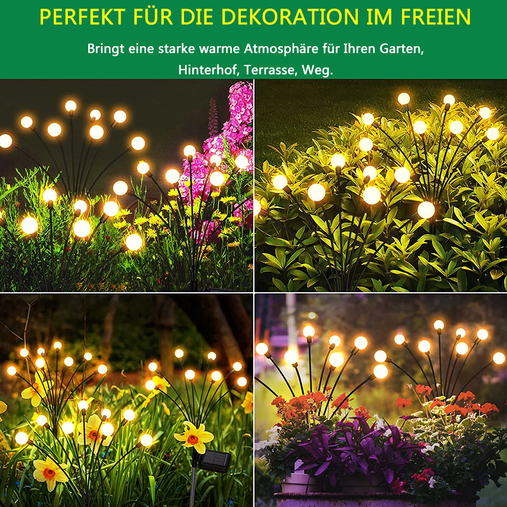 Collage mit Solar-Gartenleuchten, die verschiedene Außenbereiche mit Blumen und Grün beleuchten.