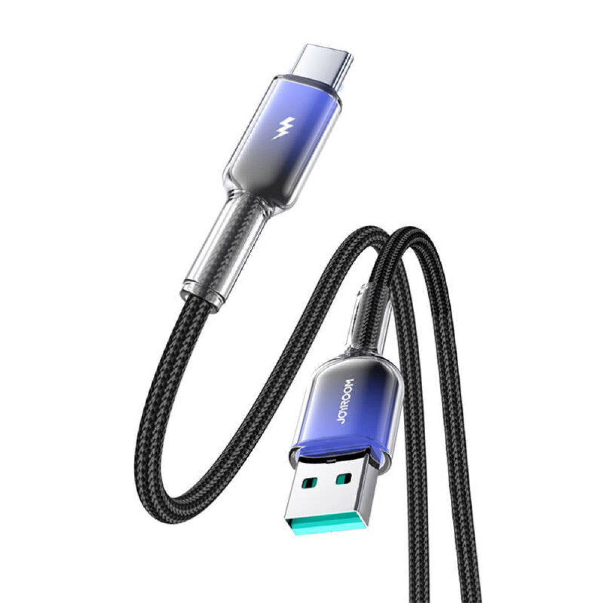 Geflochtenes schwarzes Kabel mit klaren USB-C-Steckern mit blauen Akzenten.