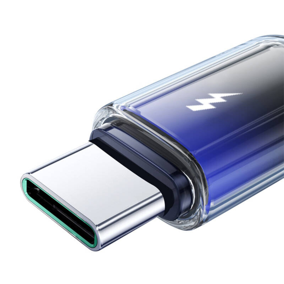 Nahaufnahme eines USB-C-Steckers mit blauen Akzenten und transparentem Gehäuse.