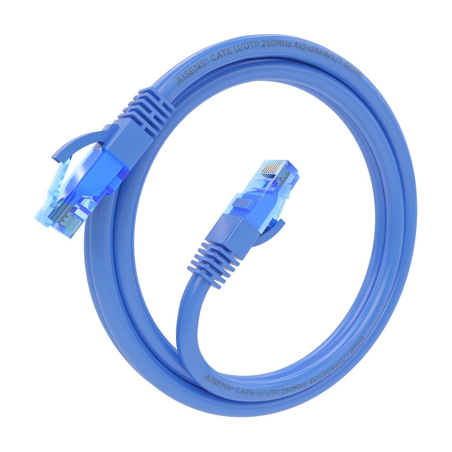 Blauwe CAT6-kabel opgerold met RJ45-connectoren op een witte achtergrond.