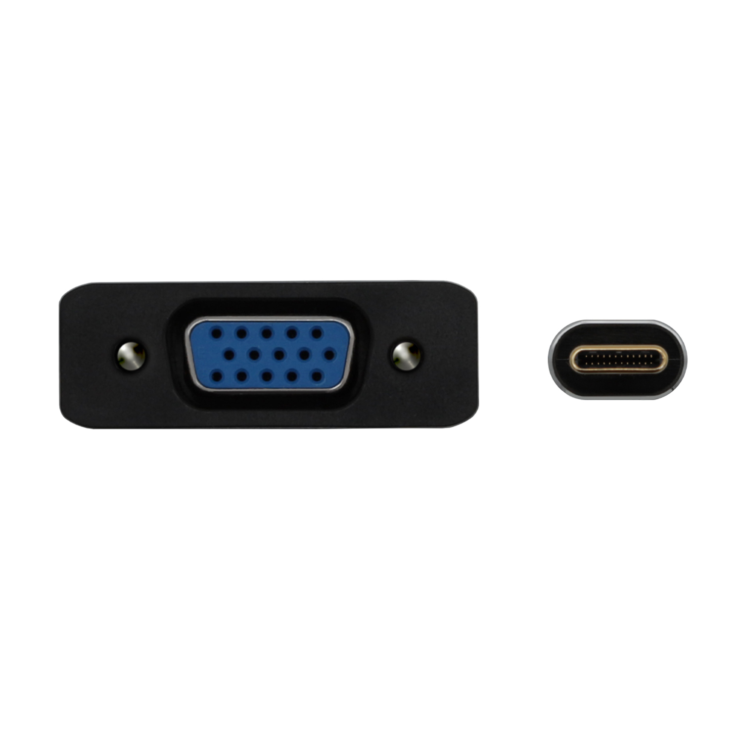 Primer plano de un adaptador negro VGA a USB-C, mostrando los conectores sobre un fondo blanco.