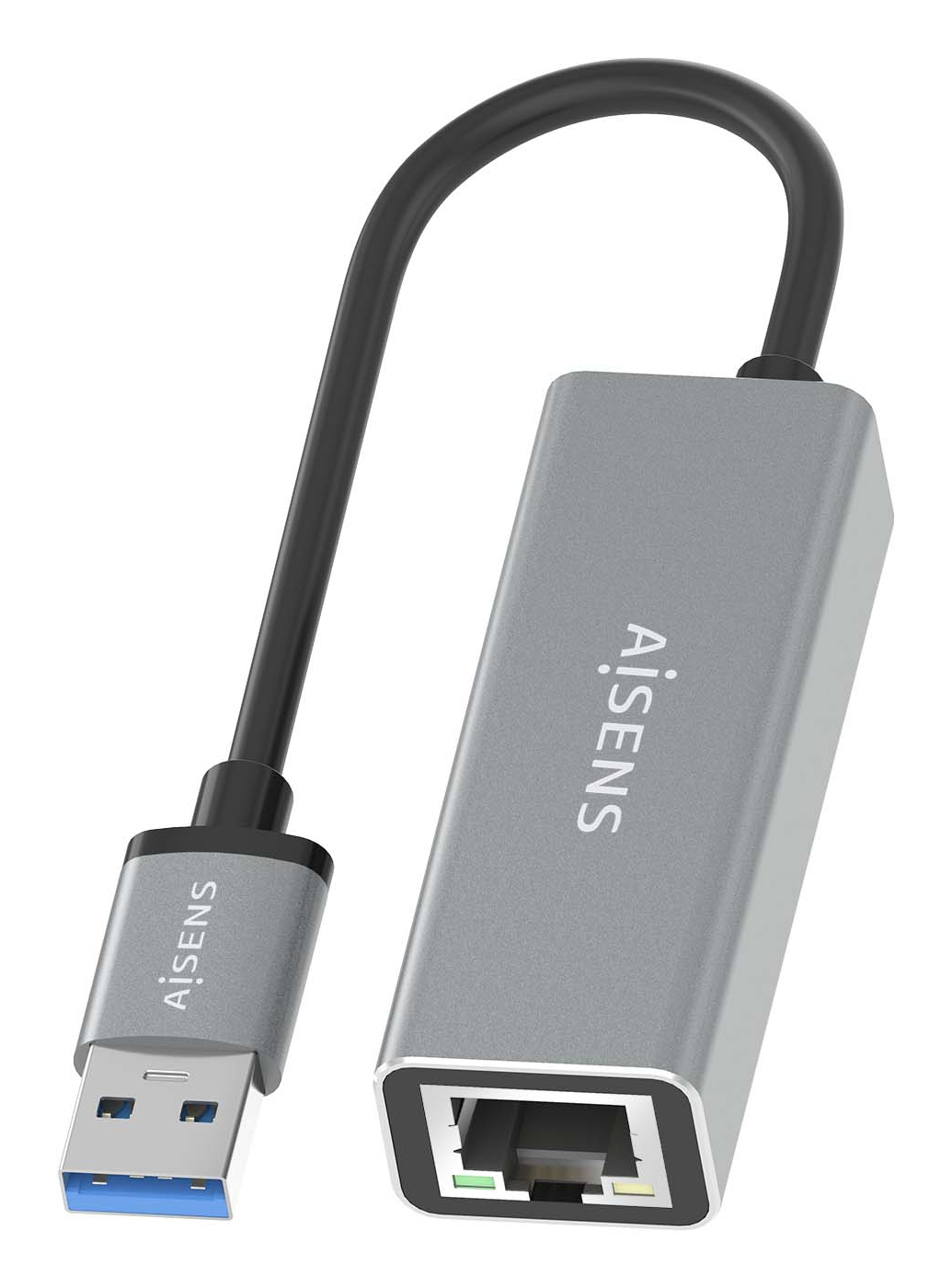 Un adaptador gris con un puerto USB y un puerto Ethernet con un cable negro.
