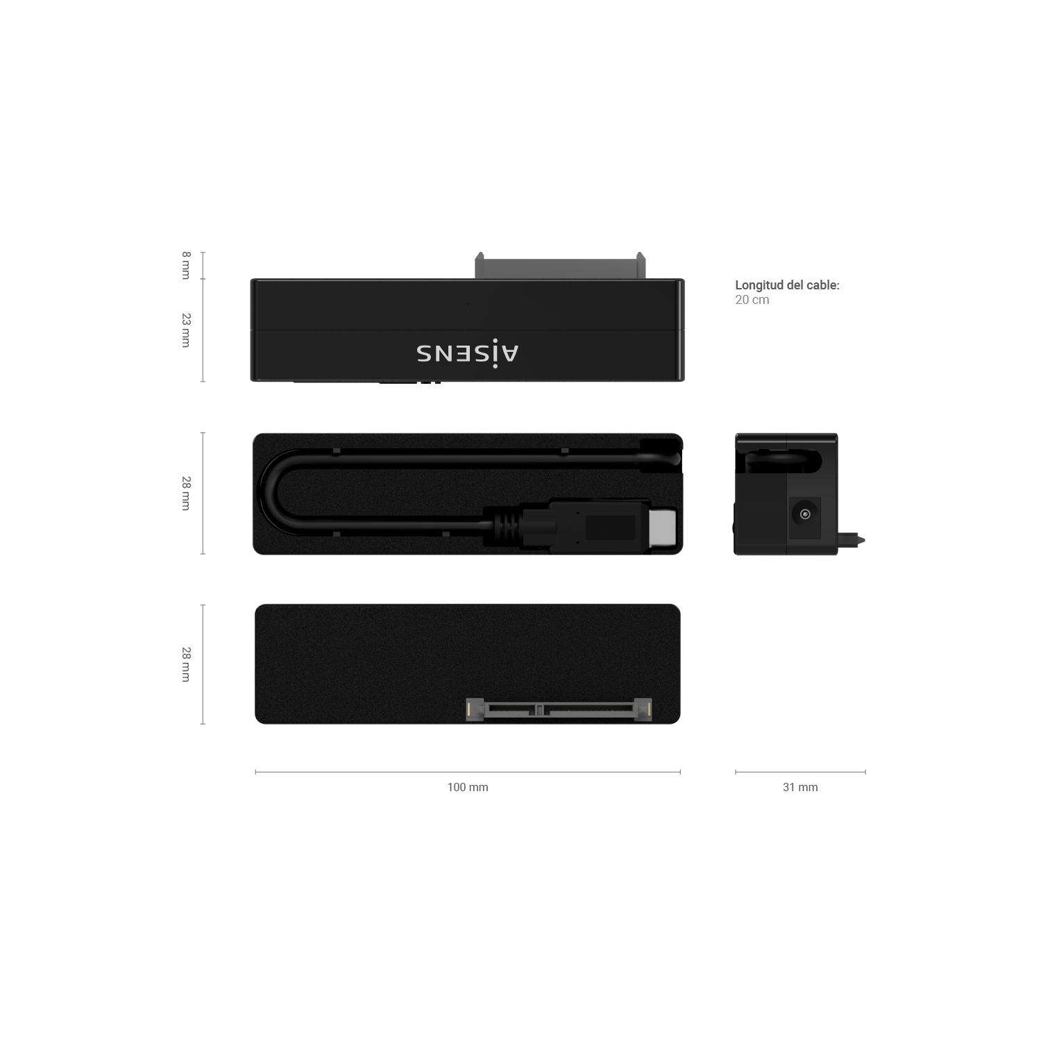 Diagrama que muestra las dimensiones de un adaptador, cable y conector negros.
