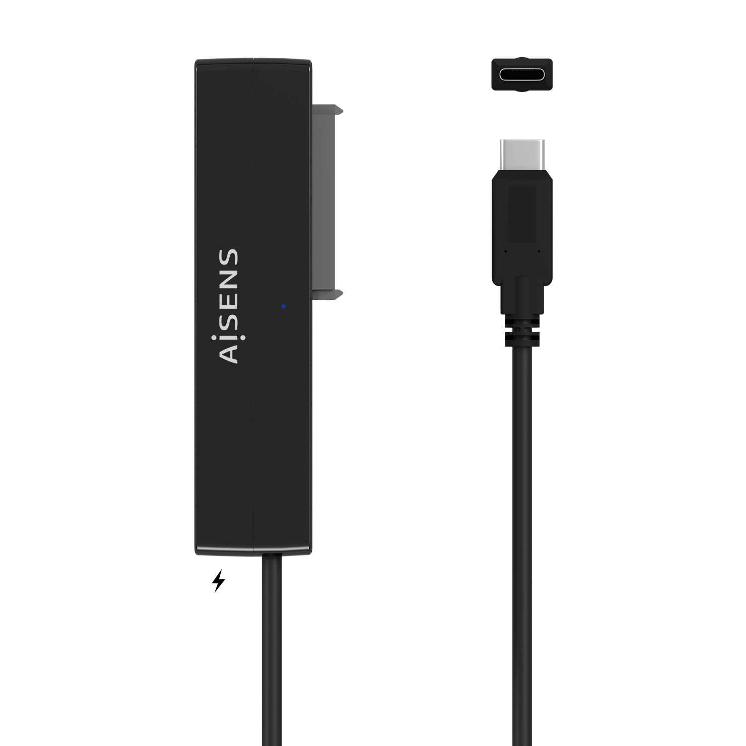 Un adaptador y cable SATA a USB-C negros con un conector USB-C.