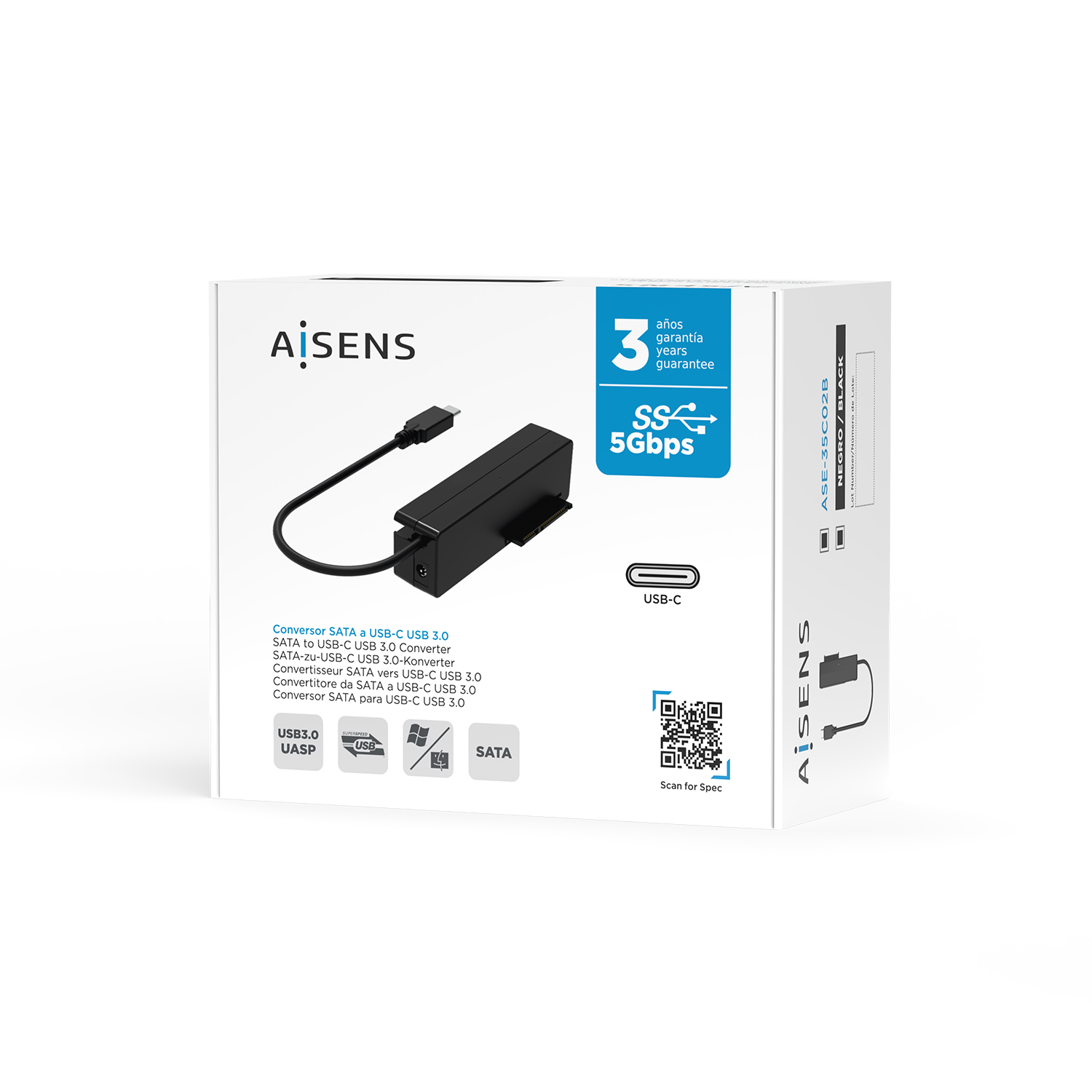 Caja del producto que muestra un adaptador SATA a USB-C negro, texto y logotipos.