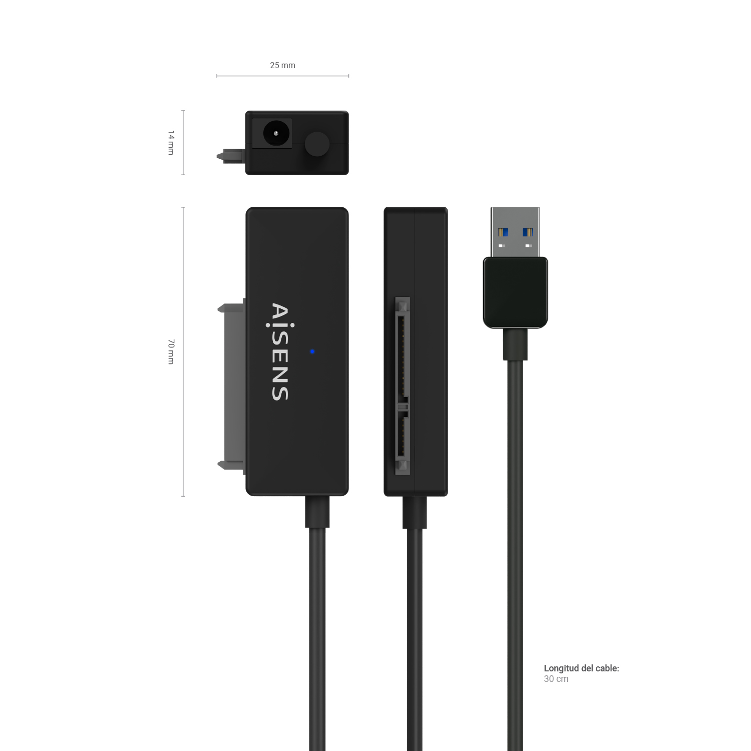 Adaptador USB a SATA negro con dimensiones, vista lateral y un adaptador de corriente. El cable es azul oscuro.