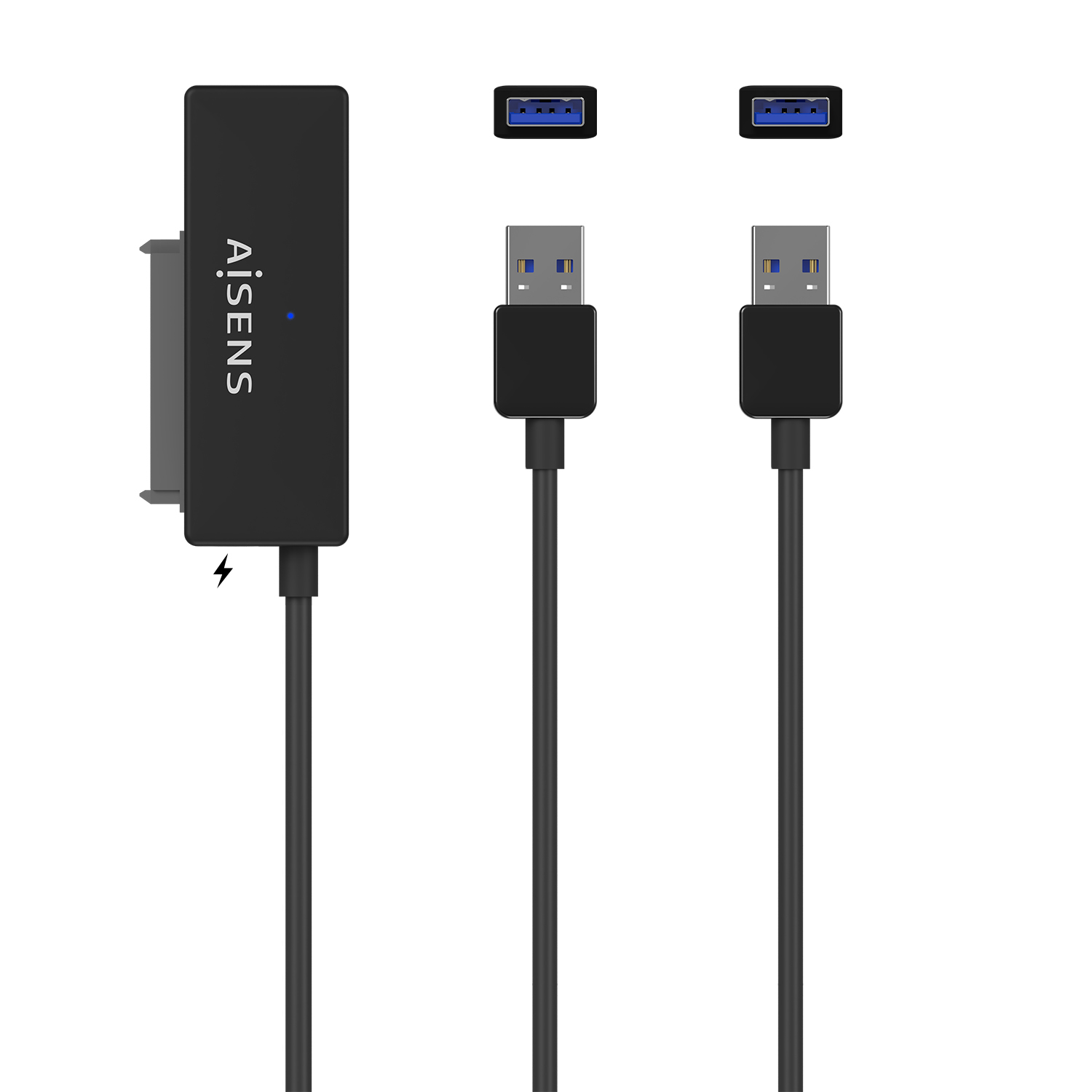 Adaptador USB a SATA negro con un símbolo de carga y dos conectores USB. Todos los cables son negros.