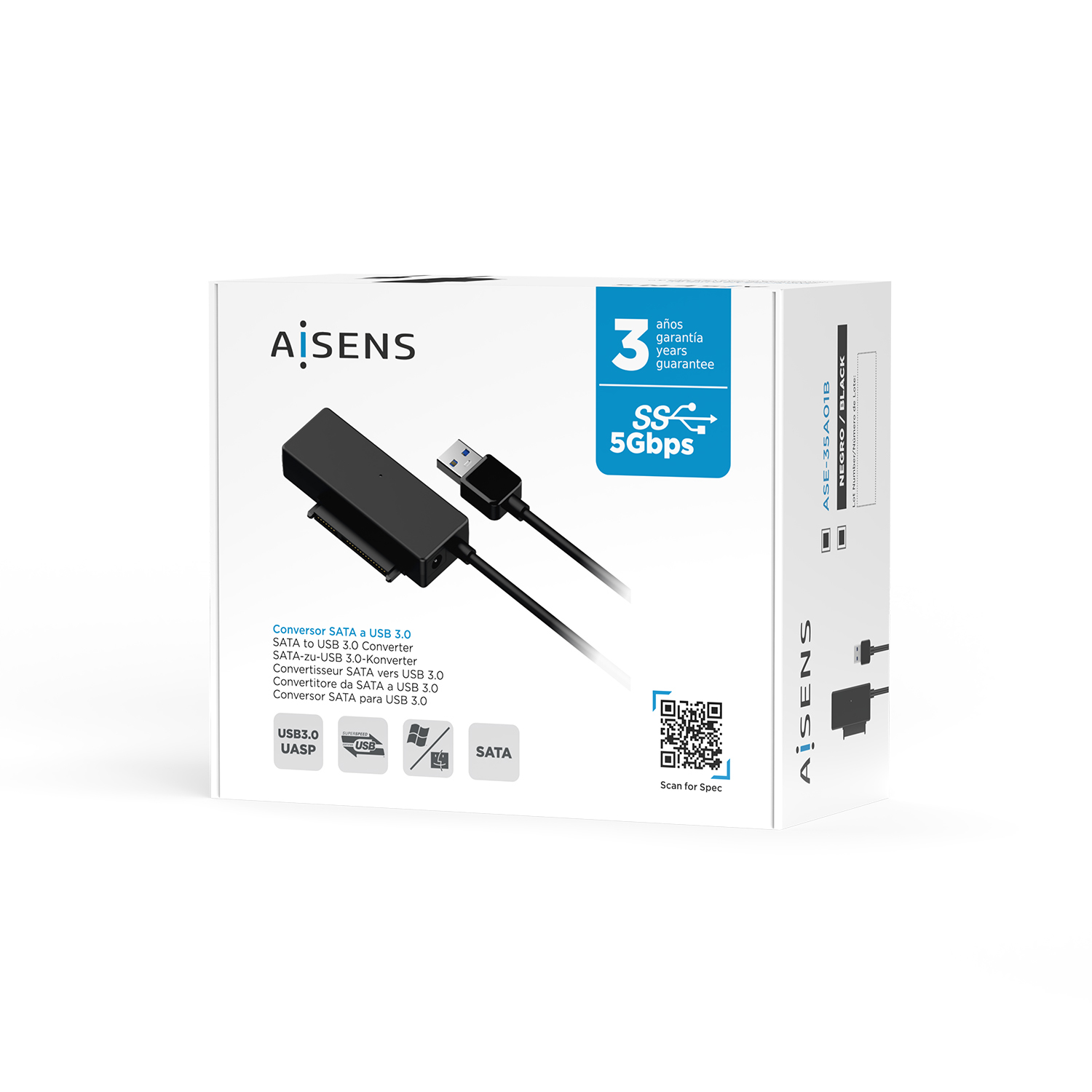Caja blanca con un adaptador USB a SATA negro, un cable USB y texto en varios idiomas. Código QR.
