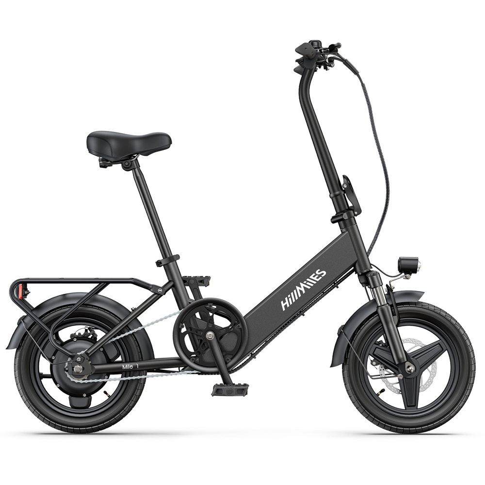 Bicicletta elettrica pieghevole nera. Ha telaio, ruote e sella neri.