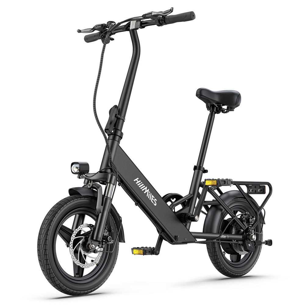 Una bicicletta elettrica pieghevole nera con sella, manubrio, pedali e faro su sfondo bianco.