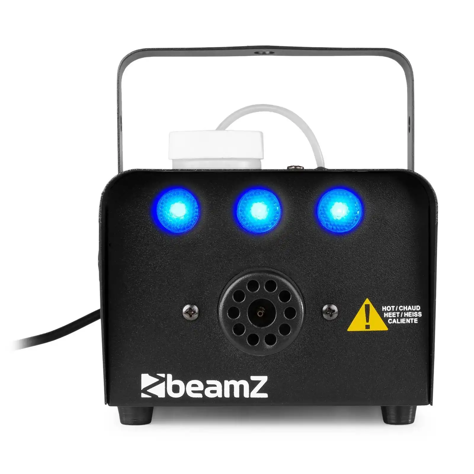 Una máquina de niebla negra con luces azules y un asa. Texto: S700-LED, BeamZ. Una etiqueta de peligro es visible.