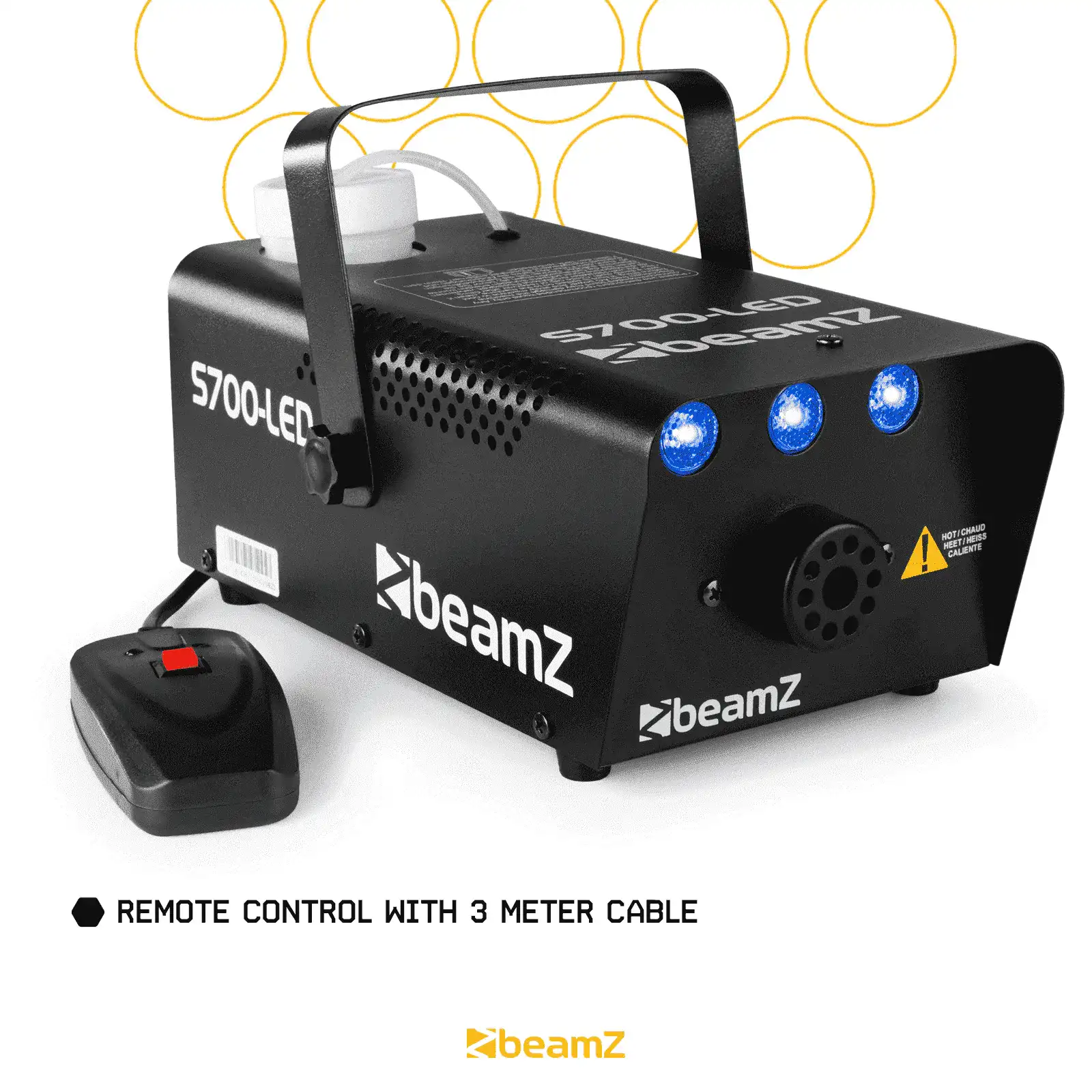 Máquina de humo negra con luces azules, mando y depósito blanco. La marca es beamZ.