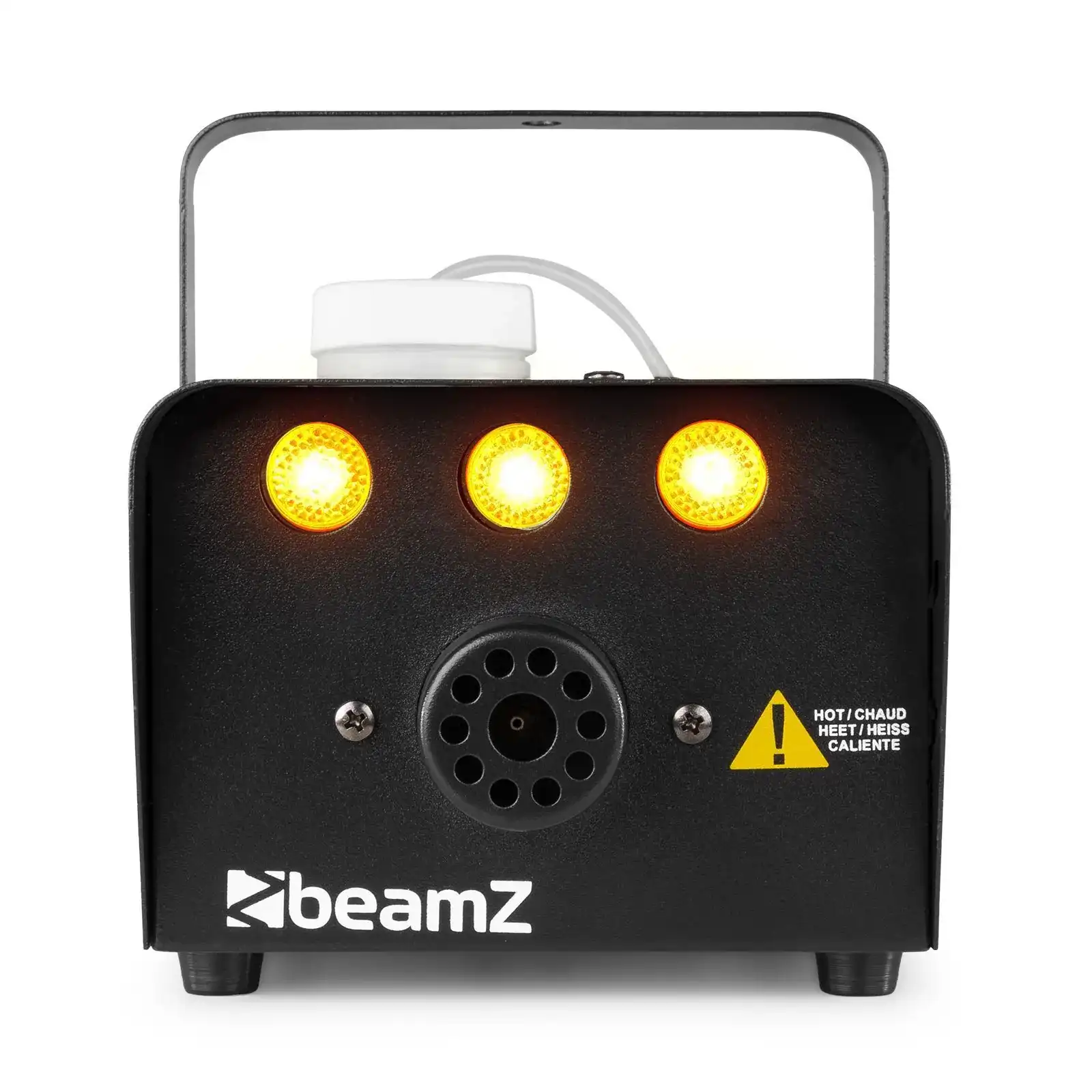 Máquina de humo negra con luces amarillas y depósito blanco. La marca es beamZ. Vista frontal.