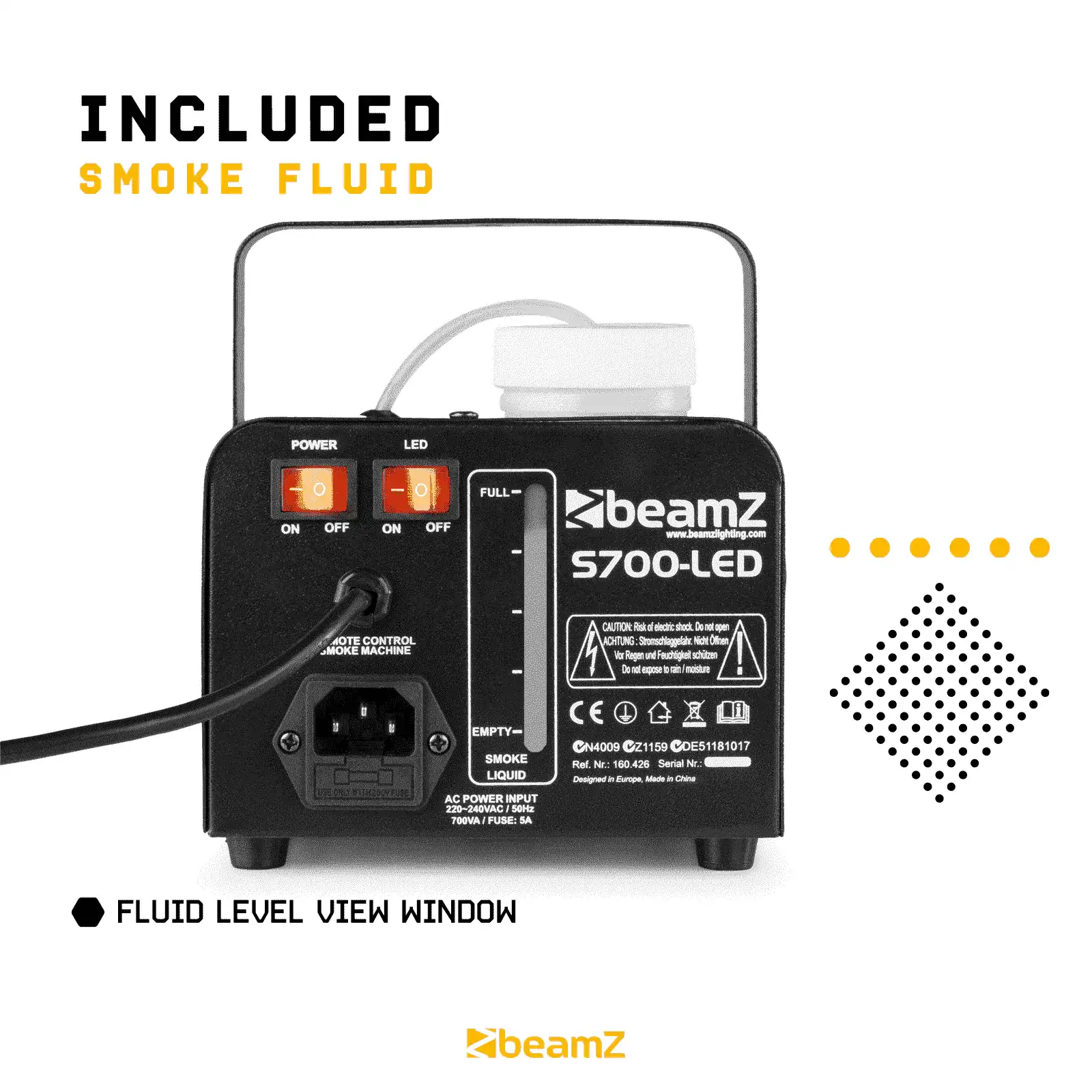 Vista trasera de la máquina de humo negra con depósito blanco y etiquetas. La marca es beamZ. Tiene botones de encendido y LED.