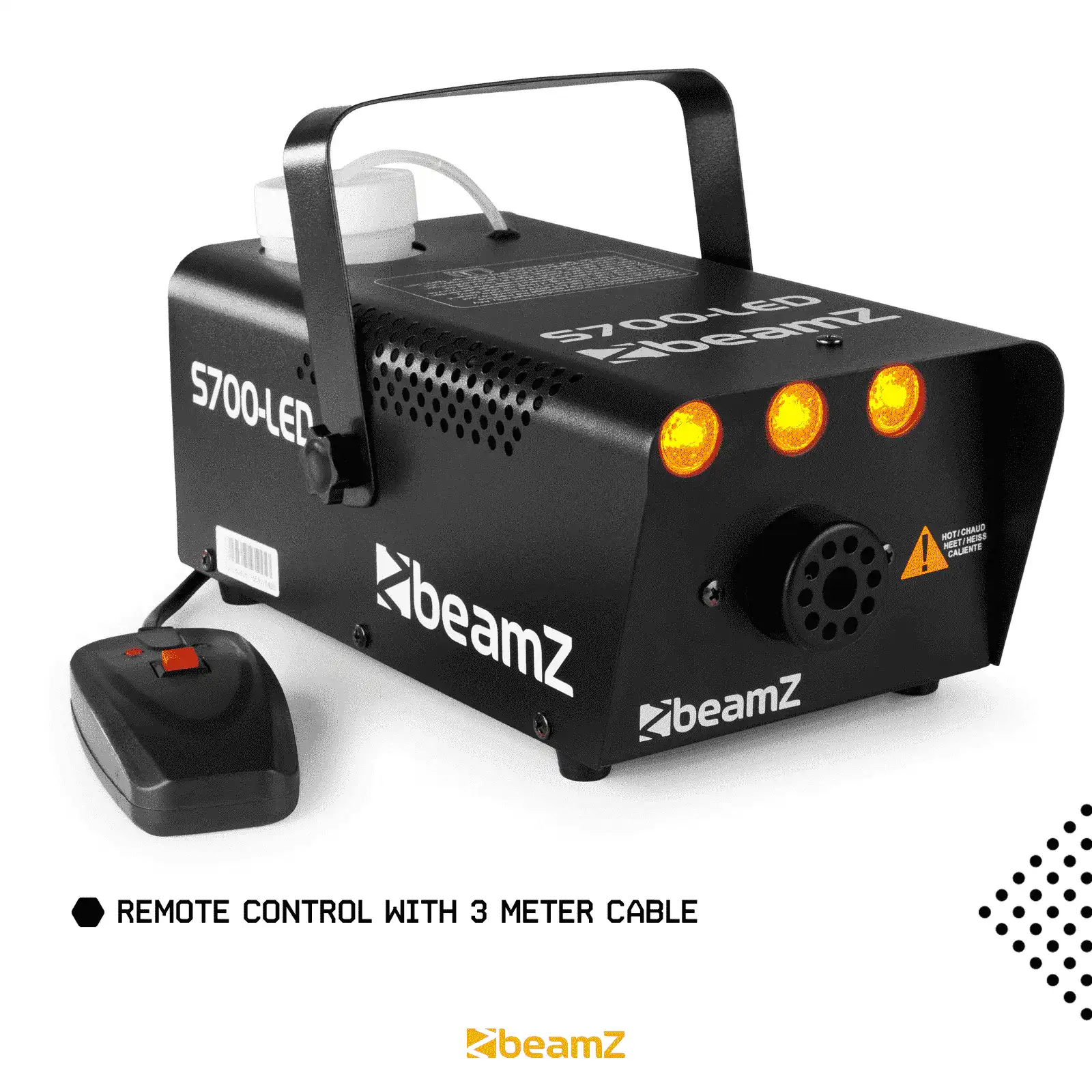 Máquina de humo beamz negra. Tiene tres luces ámbar. Incluye un control remoto con un cable de 3 metros.