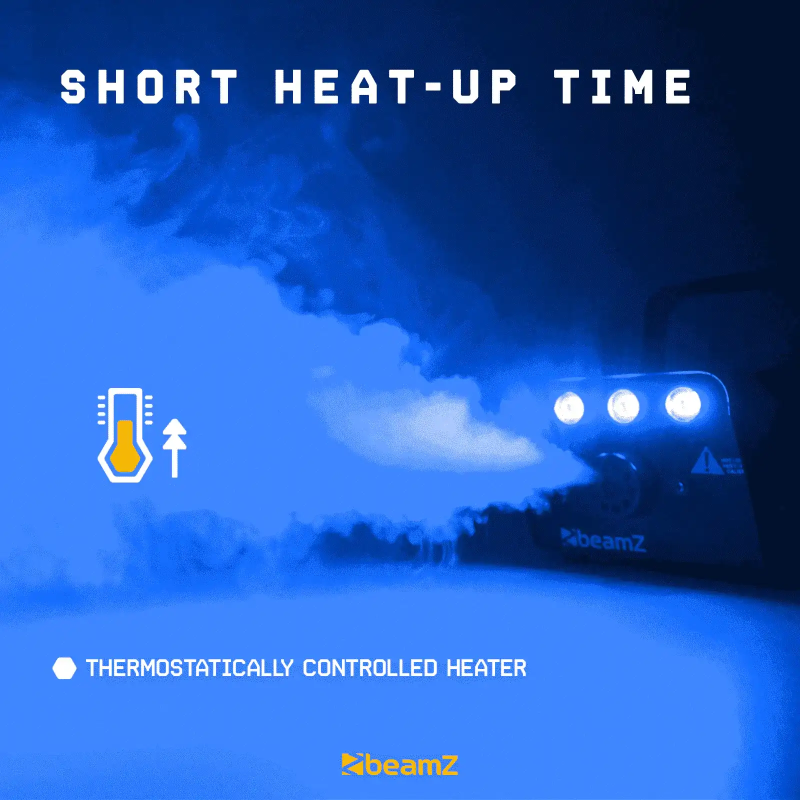 Máquina de humo negra con humo blanco. La marca es beamZ. Fondo azul con el icono del termómetro.