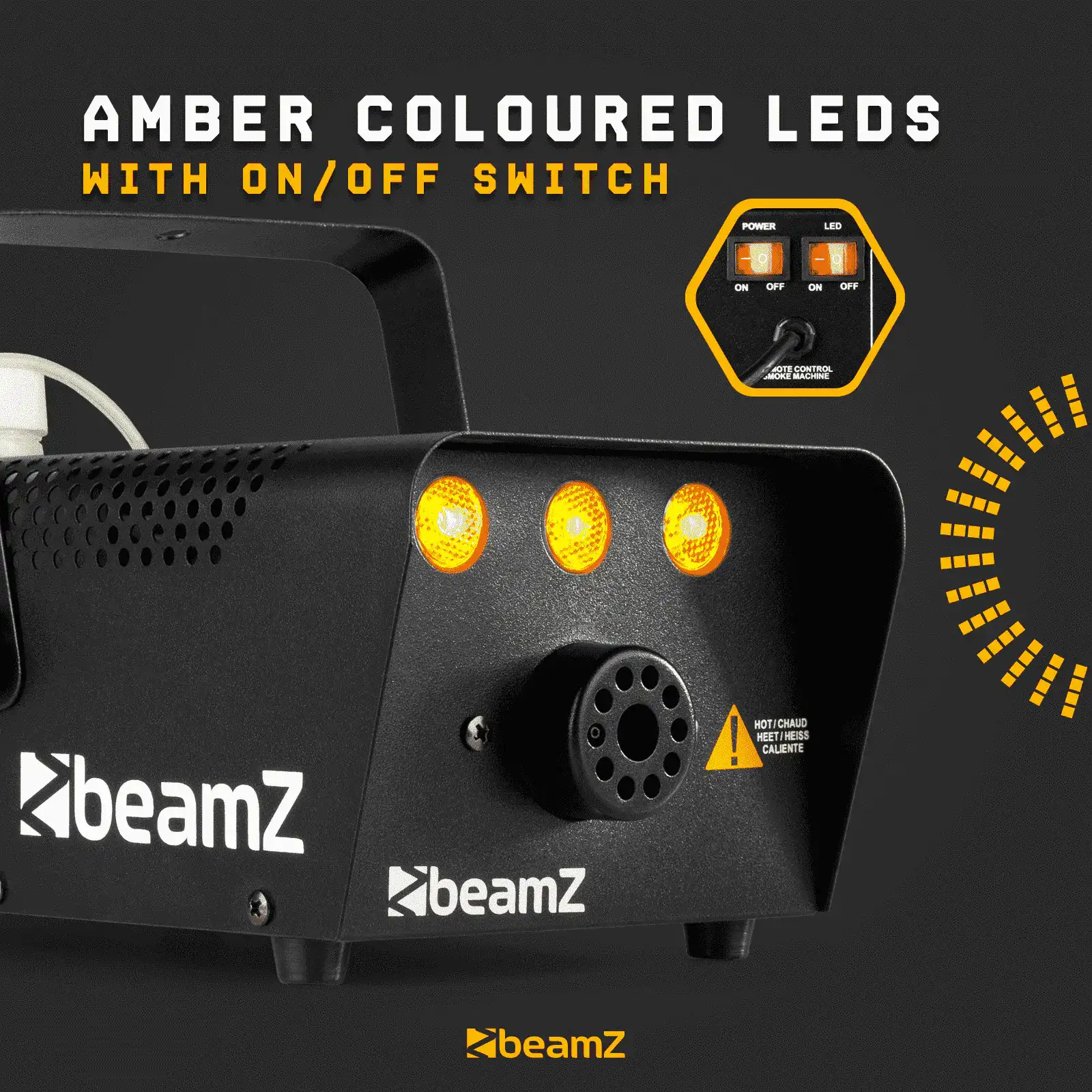 Máquina de humo beamz negra con luces ámbar. Interruptores de encendido/apagado. Señal de advertencia incluida.