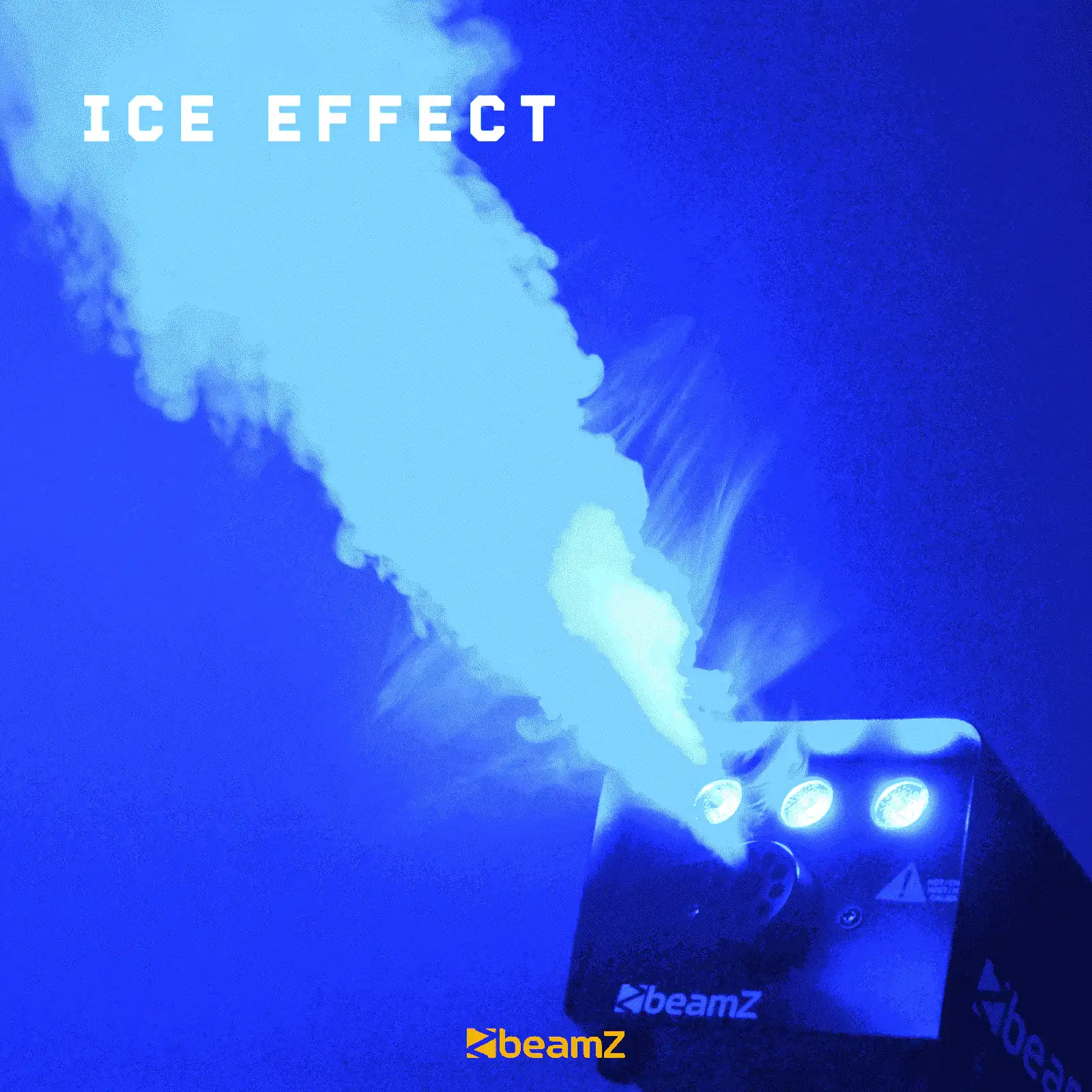 Máquina de humo que emite humo azul. El texto dice Ice Effect. Se ve un fondo azul.
