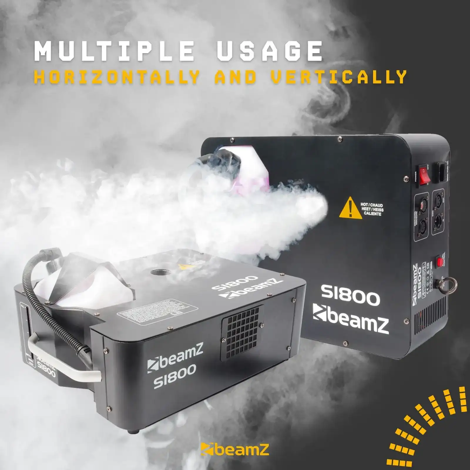 Dos máquinas de humo negras. Una produce humo. La marca es beamZ. El fondo es amarillo y azul.