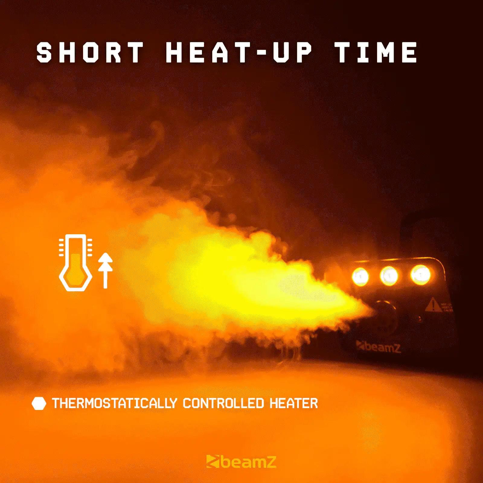 Máquina de humo que emite humo amarillo. Tiene ilustración de calentador termostático. Texto: tiempo de calentamiento corto.