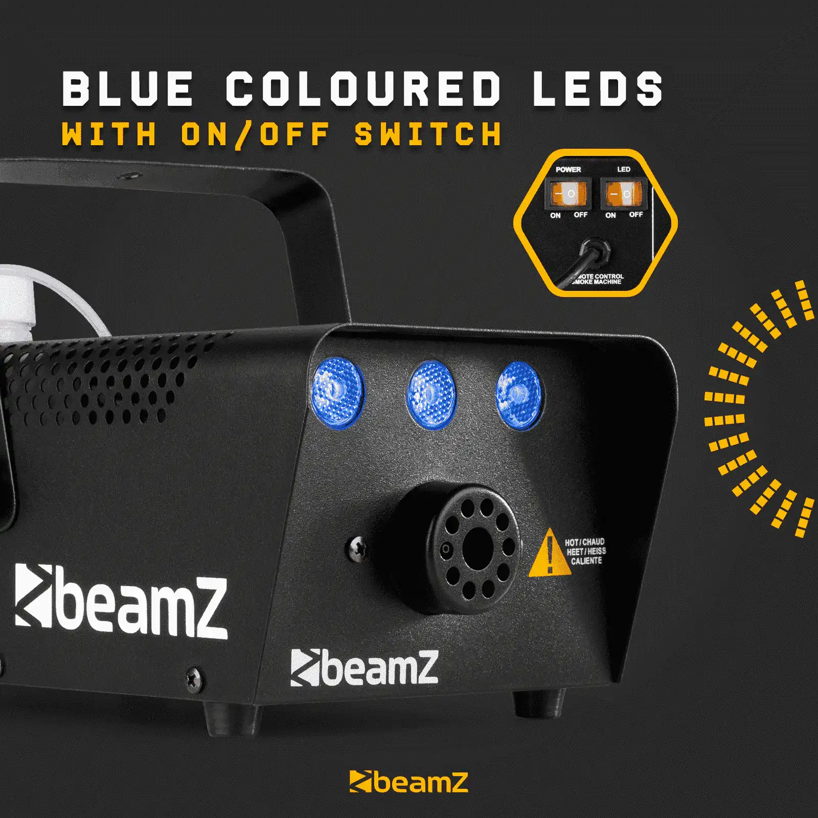 Máquina de niebla Beamz negra con LEDs azules y panel de control.