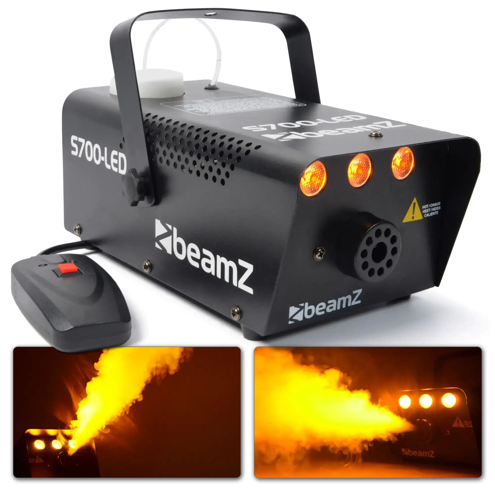 Máquina de humo negra con luces amarillas y mando. La marca es beamZ. Dos imágenes adicionales de efecto de humo.