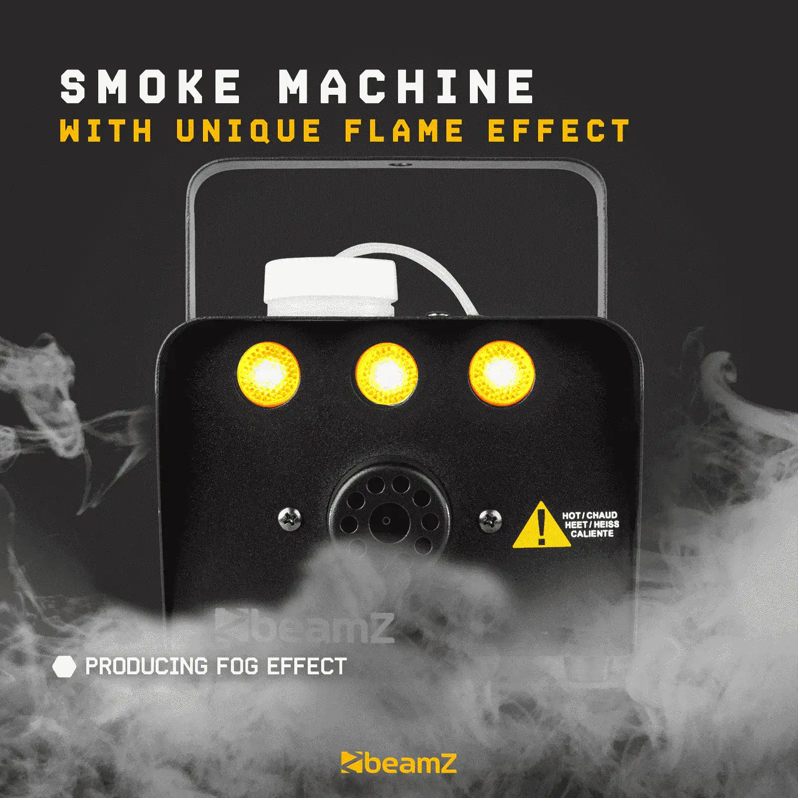 Máquina de humo negra con luces amarillas. La marca es beamZ. Efecto de niebla visible. Texto blanco arriba.