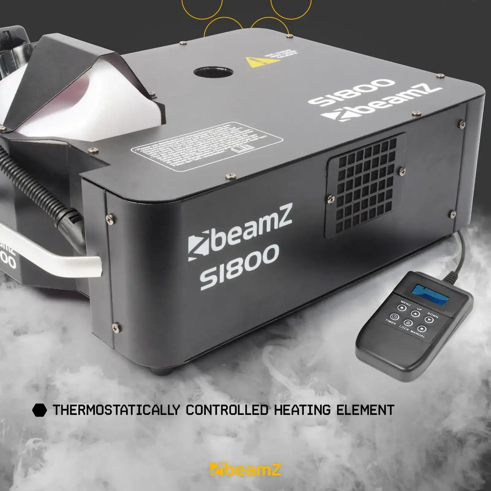 Máquina de humo negra con un depósito blanco. La marca es beamZ. El panel de control es visible.