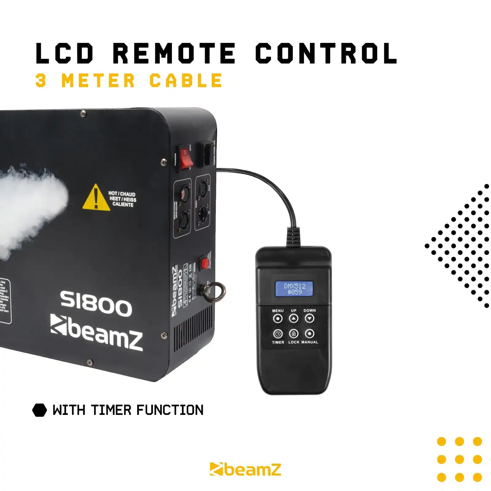 Máquina de humo negra con control remoto LCD. Cuenta con una función de temporizador. Señal de advertencia al frente.