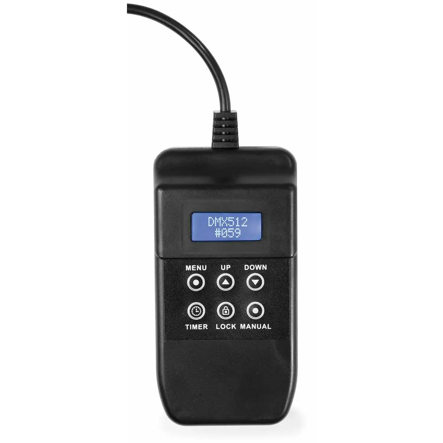 Primer plano de un control remoto negro con pantalla LCD. Botones: menú, arriba, abajo, temporizador, bloqueo, manual.