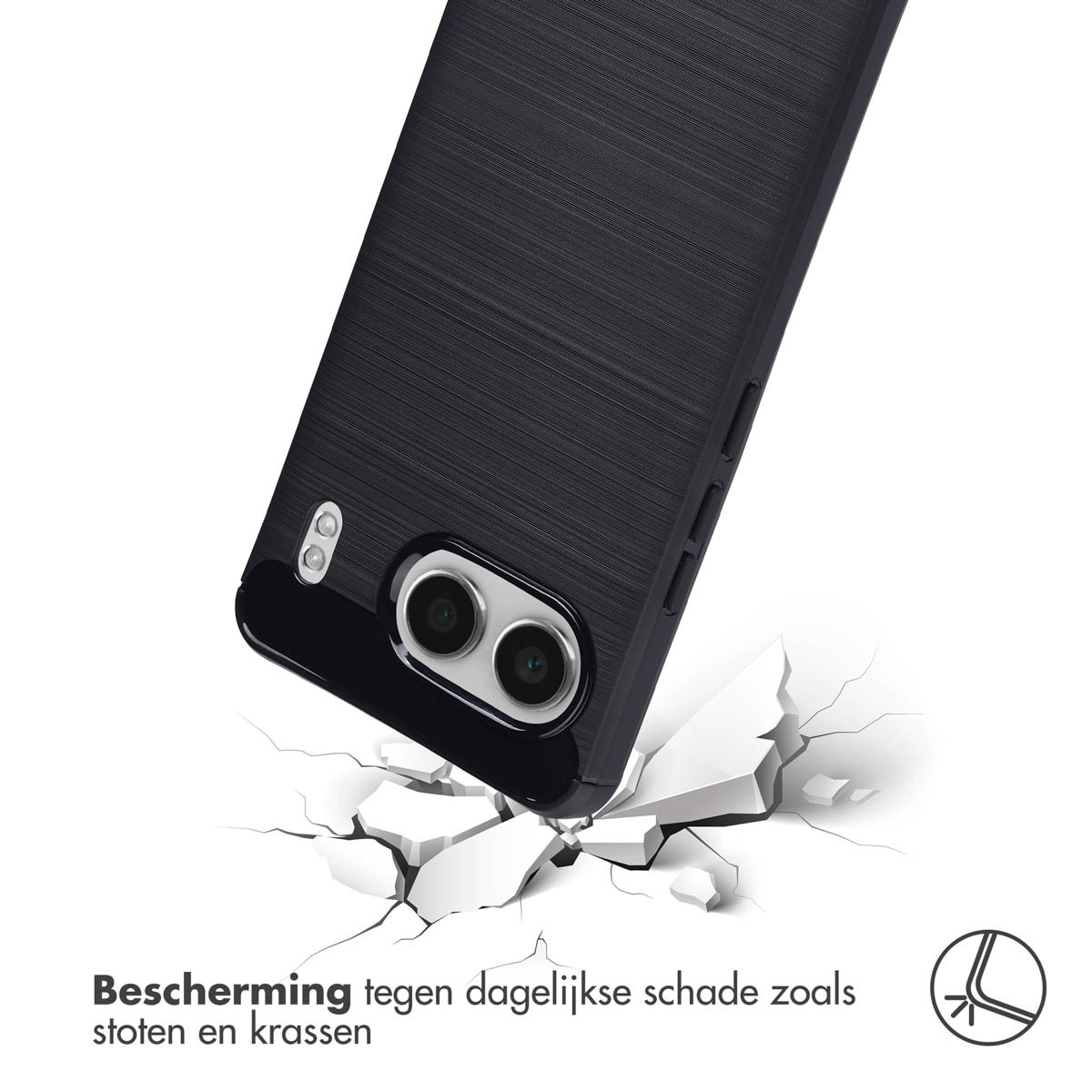 Coque de téléphone noire avec objectifs d'appareil photo, tombant sur une surface blanche qui se brise. La coque est texturée.
