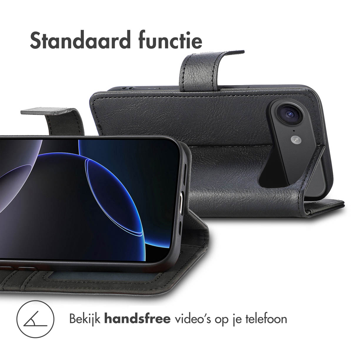 Zwarte telefoonhoes opengevouwen met telefoon erin. Het telefoonscherm is zichtbaar en de hoes wordt weergegeven voor handsfree bekijken.
