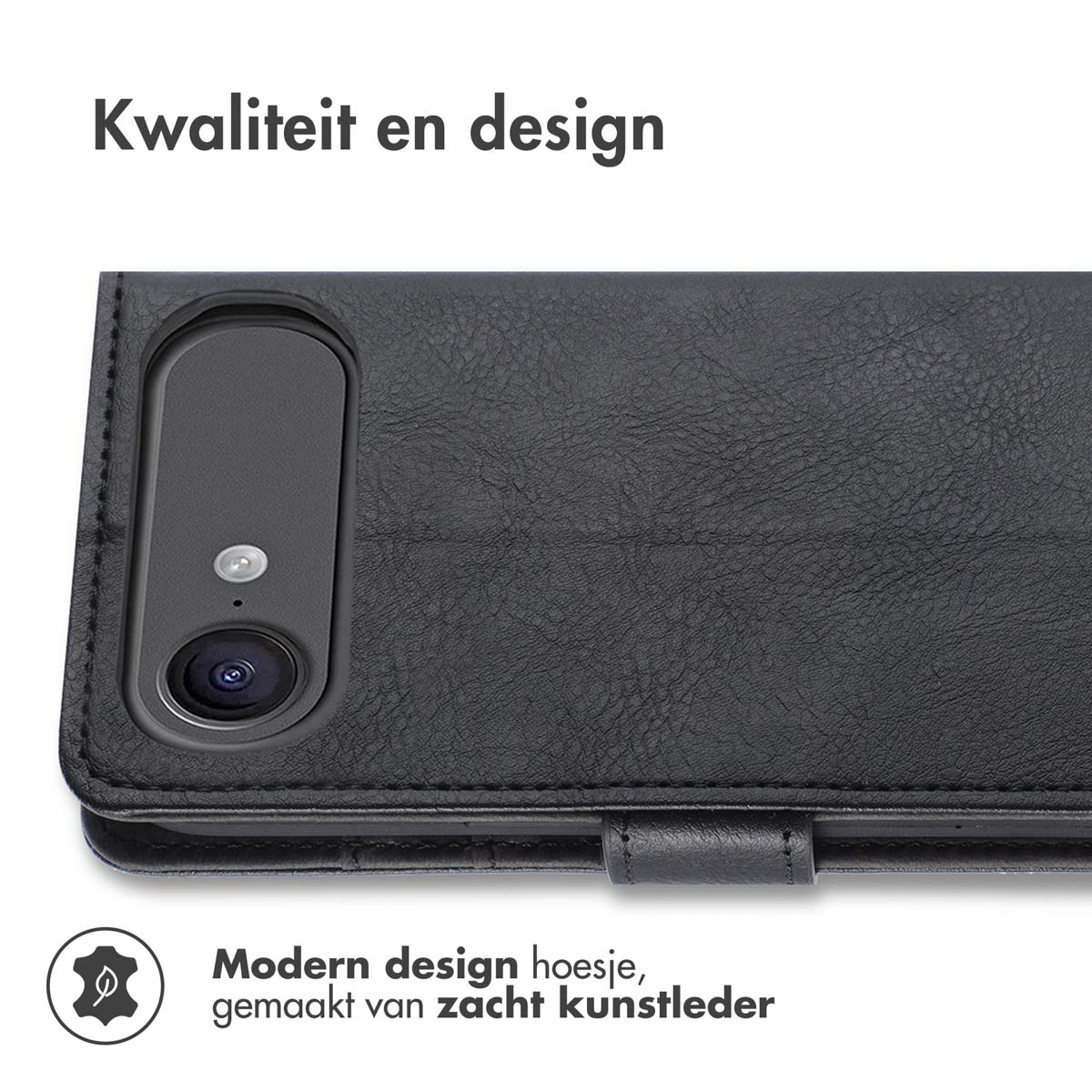 Een zwarte telefoonhoes met een uitsparing voor de camera wordt van dichtbij getoond, er is een leren riem aanwezig.