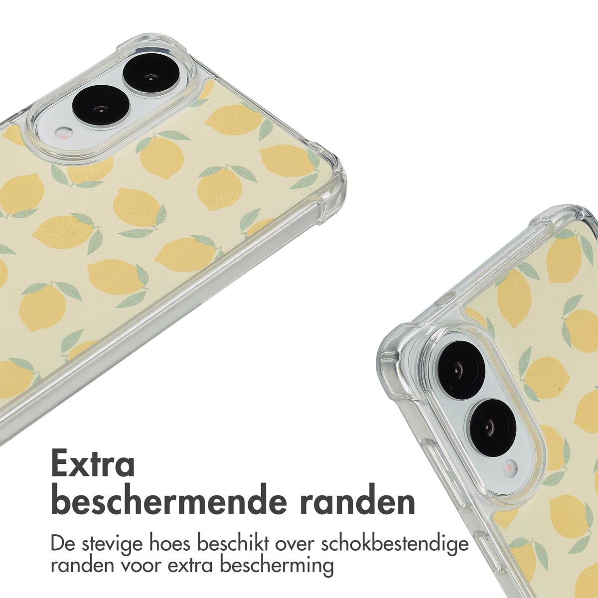 Telefoonhoesje met citroenpatroon erop. De hoes is transparant en er worden twee close-ups gegeven.
