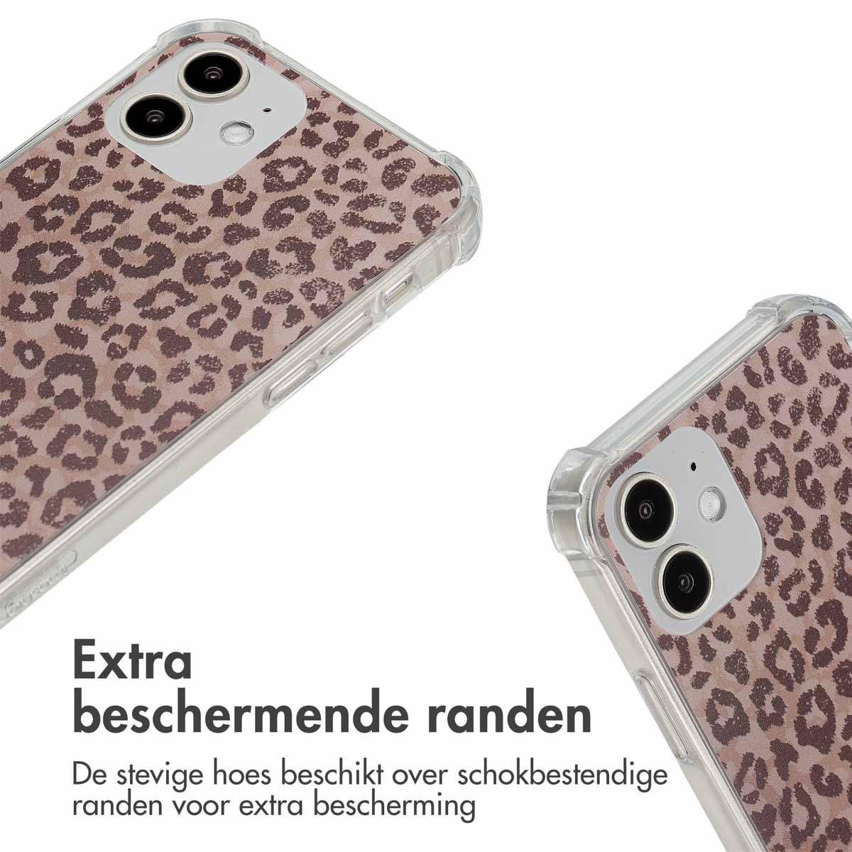 Coque de téléphone avec imprimé léopard. La coque est transparente. Deux gros plans sont affichés.