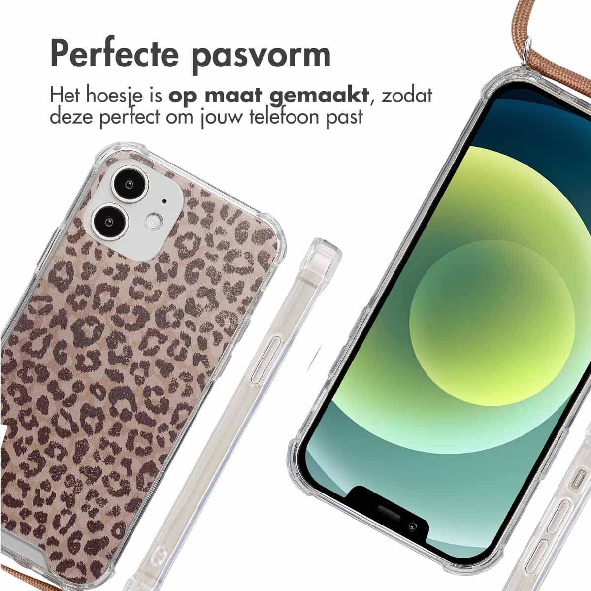Deux téléphones avec des étuis à imprimé léopard sont présentés, un dans la main, l'autre sur une table.