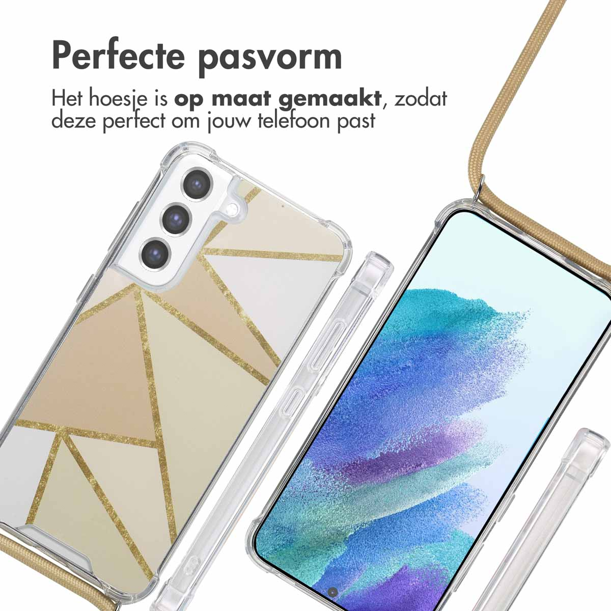 Telefoonhoesje met geometrisch ontwerp, een telefoon en een bandje erbij. Het telefoonscherm is zichtbaar.