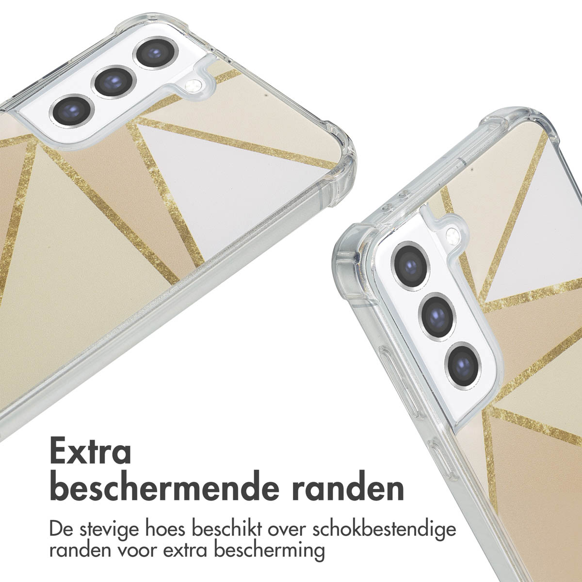 Telefoonhoesje met een geometrisch ontwerp. De achterkant van de telefoon is zichtbaar. Er worden twee close-ups gegeven.