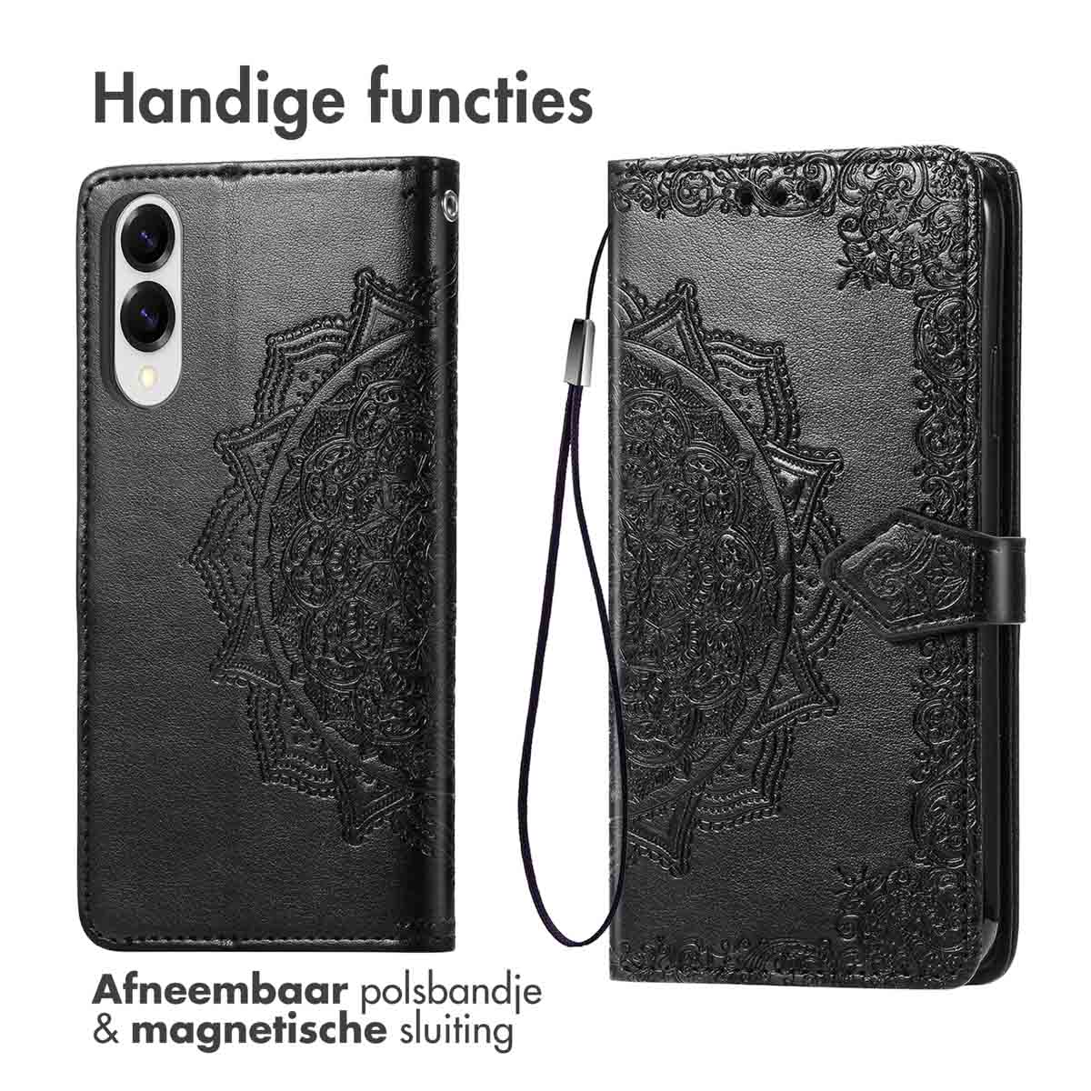 Twee zwarte telefoonhoesjes worden getoond, een open en een gesloten, met een mandala-patroon.
