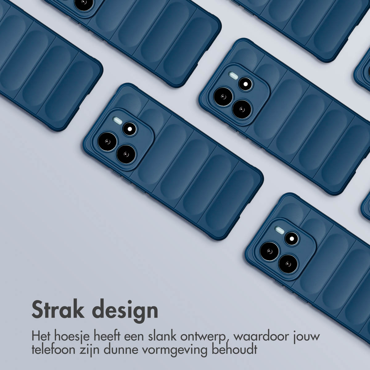 Meerdere blauwe telefoonhoesjes met een geribbeld ontwerp. Ze zijn gerangschikt op een lichtgrijze ondergrond.