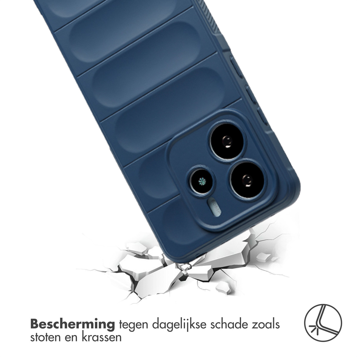 Een telefoonhoesje valt en breekt een oppervlak eronder. Tekst: Bescherming tegen dagelijkse schade zoals stoten en krassen.
