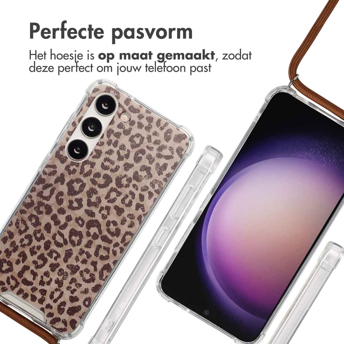 Twee telefoons met luipaardprint hoezen. De hoesjes zijn transparant, en één wordt vastgehouden door een koord.
