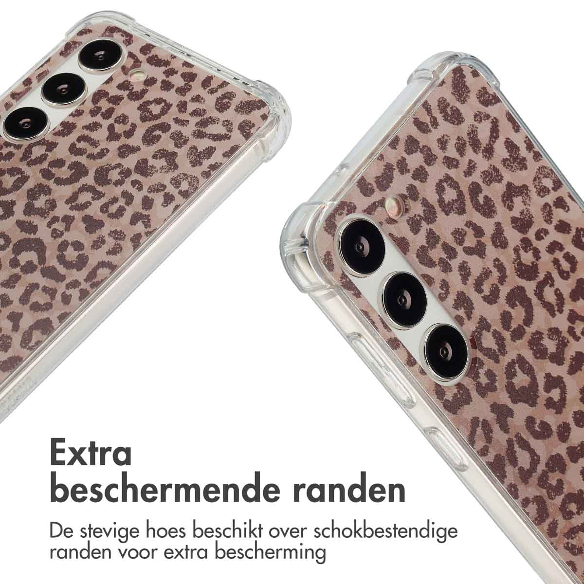 Close-up van twee telefoonhoesjes met luipaardprint. Tekst: Extra beschermende randen.