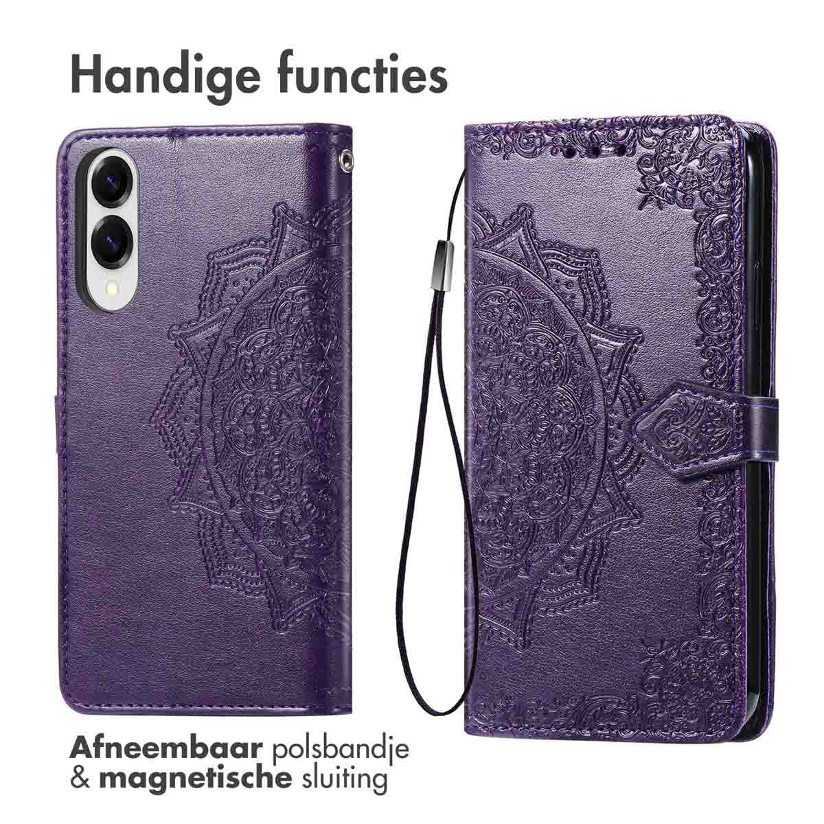 Paarse telefoonhoes met mandala-ontwerp. Tekst zegt "Handige functies" en "Afneembaar polsbandje".