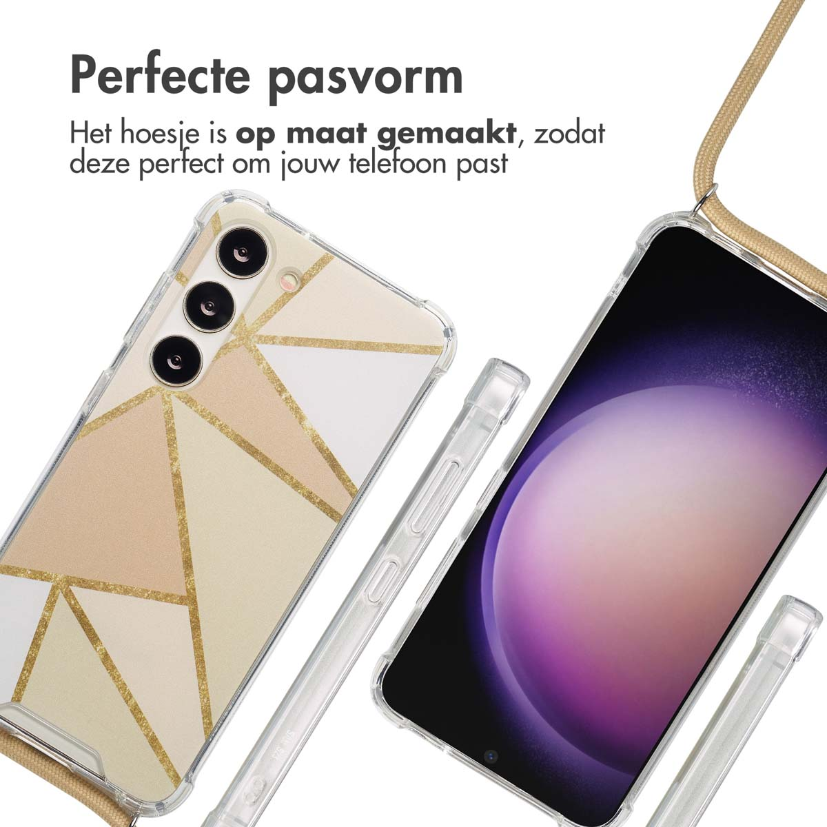 Twee telefoons in doorzichtige hoesjes. Eén heeft een goud en wit geometrisch ontwerp. Tekst: "Perfecte pasvorm".