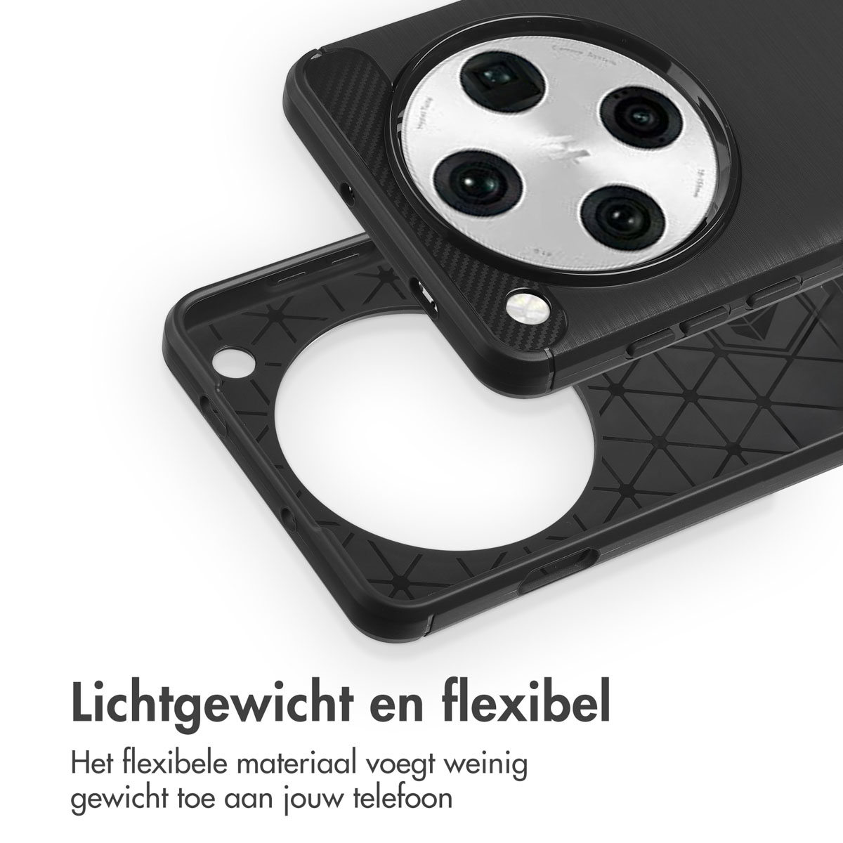 Una custodia nera per telefono con telefono all'interno e primo piano del retro. Testo: "Lichtgewicht en flexibel".