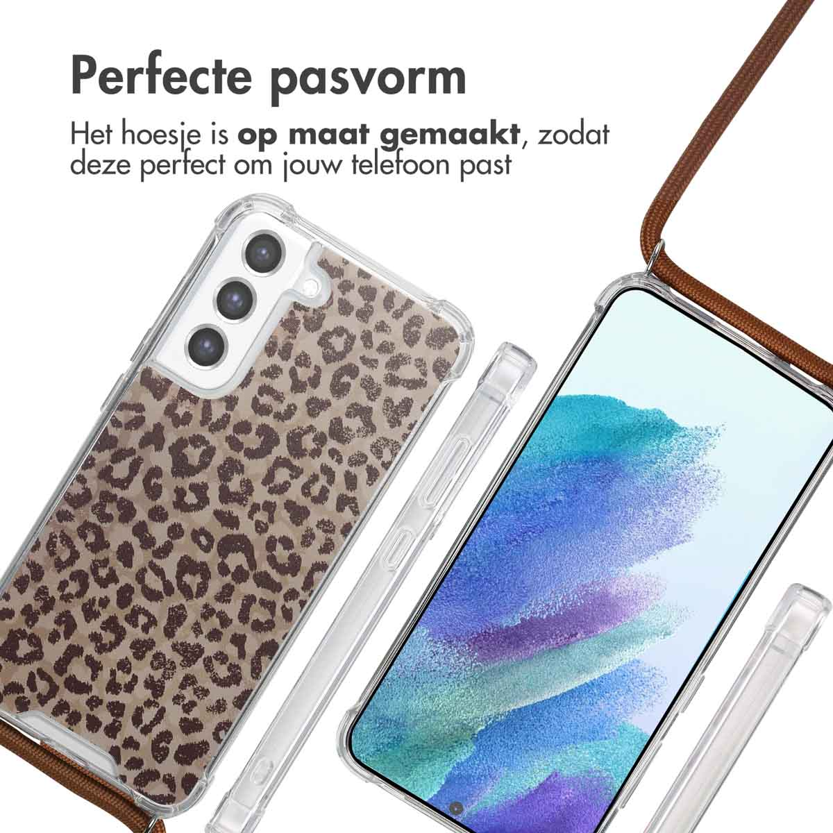 Twee telefoonhoesjes, één met een luipaardprint, de andere met een blauwe afbeelding. Bruin bandje. Tekst: Perfecte pasvorm.