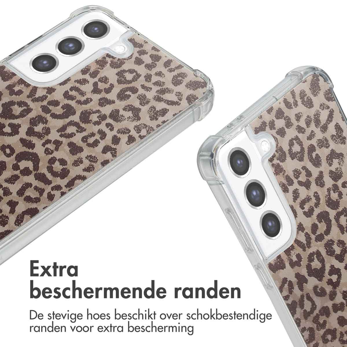 Close-up van twee telefoonhoesjes, één met een luipaardprint. Tekst: Extra beschermende randen.